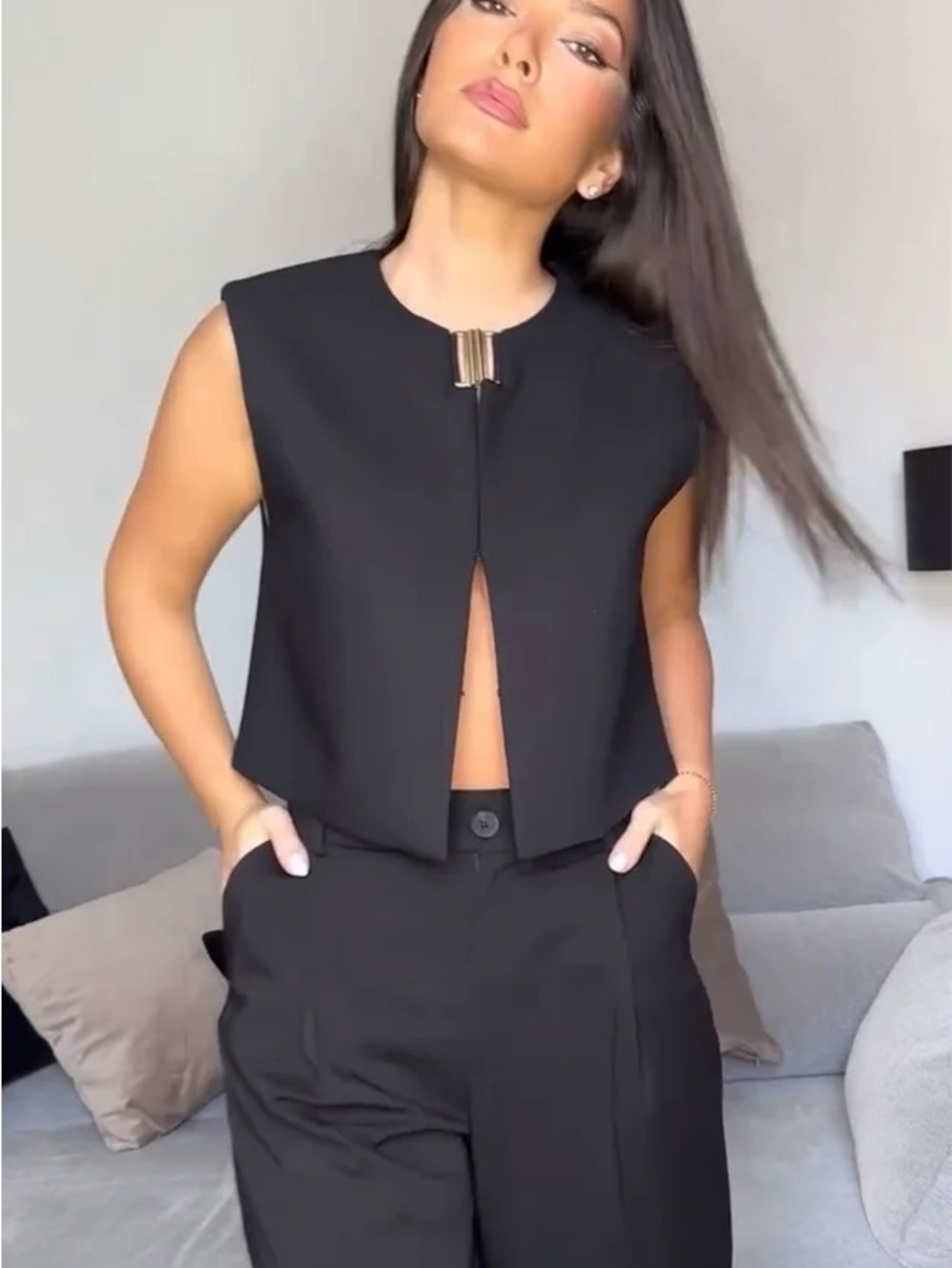 Zara Black Cropped Vest with Silver Metal Clasp